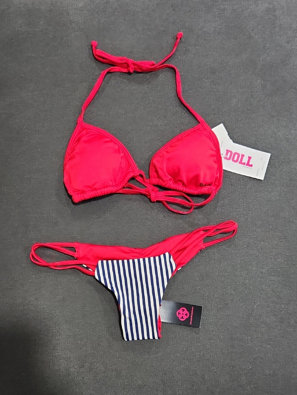 Hot Pink Triangle Bikini Set with Navy Stripe Accent